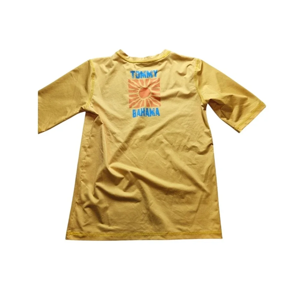 Tommy Bahama Boys Rash Guard Yellow Surf Shop Swim Shirt Size 10/12 Graphic Tee